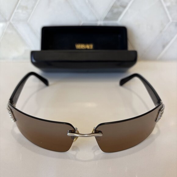 Versace Rhinestone Logo Black Brown Rimless Sunglasses Designer Case Timeless main image 12